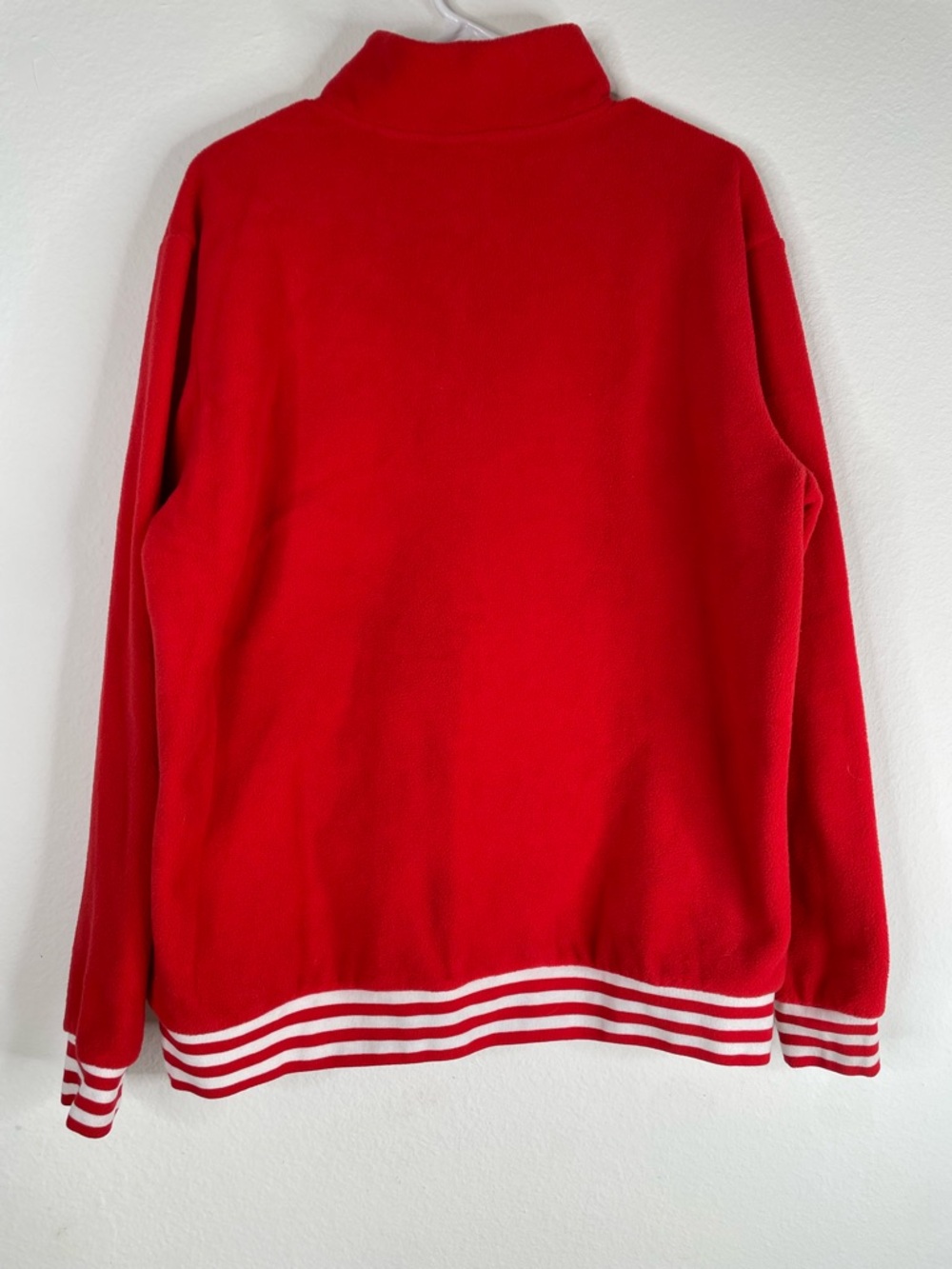 M&M’s World Red Fleece Quarter Zip Pullover Sweatshirt Striped Cuffs Large - Picture 8 of 8